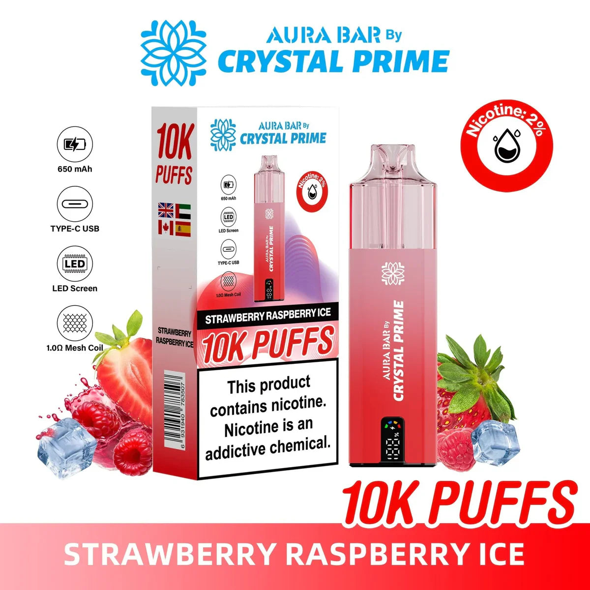 Crystal Prime 10000 Puffs reusable vape in strawberry raspberry ice flavor with 650mAh battery, LED screen, and type-C USB charging