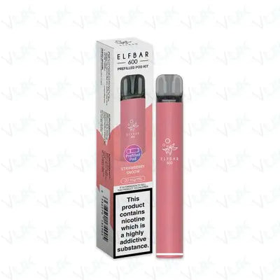 Elf Bar 600 Prefilled Pod Kit in Strawberry Snow flavor with 20mg nicotine salt and compact reusable vape device.