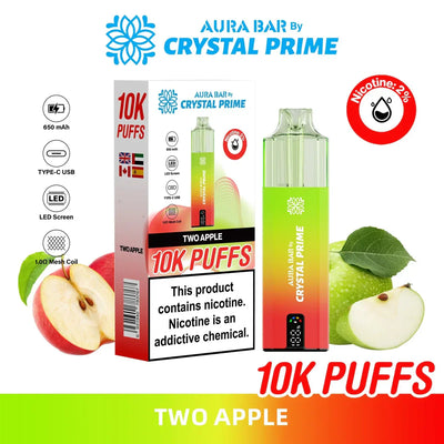 Crystal Prime 10000 Puffs reusable vape in two apple flavor with 10,000 puff capacity and LED screen.