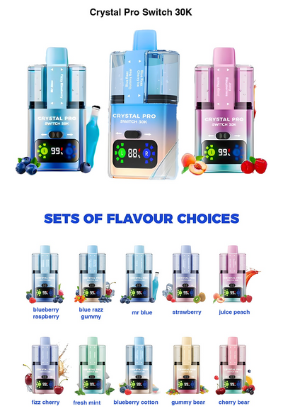Crystal Pro Switch 30K prefilled vape kit with 30,000 puffs, rechargeable battery, dual mesh coils, HD display, and multiple flavor options including blueberry raspberry, blue razz gummy, and juicy peach.