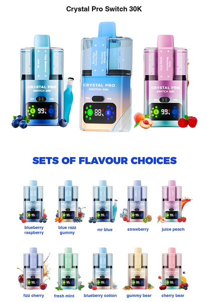 Crystal Pro Switch 30K prefilled vape kit with 30,000 puffs, rechargeable battery, dual mesh coils, HD display, and multiple flavor options including blueberry raspberry, blue razz gummy, and juicy peach.
