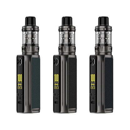 Three Vaporesso Target 100 Kit vaping devices in different color variants with iTank and 0.96-inch display.