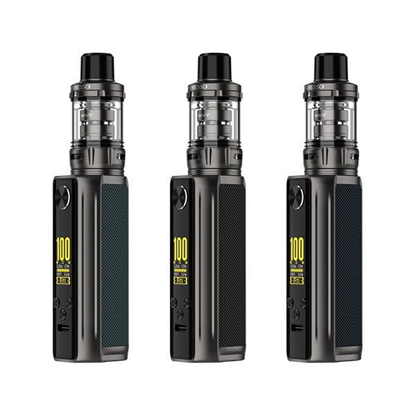Three Vaporesso Target 100 Kit vaping devices in different color variants with iTank and 0.96-inch display.