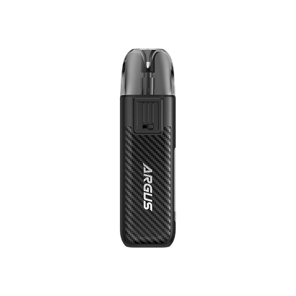 Voopoo Argus Pod 20W compact vaping device with carbon fiber design and ergonomic mouthpiece.