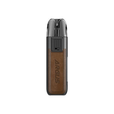 Voopoo Argus Pod 20W Kit with zinc alloy and leather body, ergonomic mouthpiece, 0.69" OLED screen, adjustable airflow, and built-in 800mAh battery.