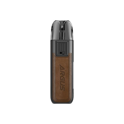 Voopoo Argus Pod 20W Kit with zinc alloy and leather body, ergonomic mouthpiece, 0.69" OLED screen, adjustable airflow, and built-in 800mAh battery.