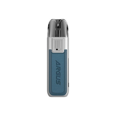 Voopoo Argus Pod 20W Kit with zinc alloy and leather body, ergonomic mouthpiece, 0.69-inch OLED screen, adjustable airflow, and Type-C fast charging.
