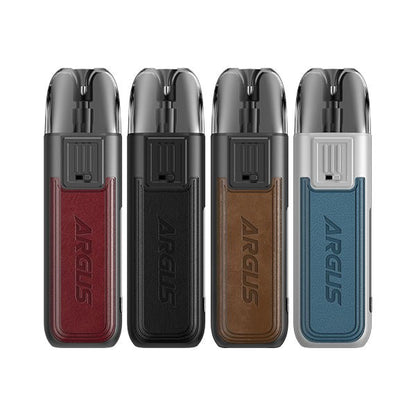 Voopoo Argus Pod 20W Kit in red, black, brown, and blue with zinc alloy and leather design, featuring OLED screen and magnetic pod connection.