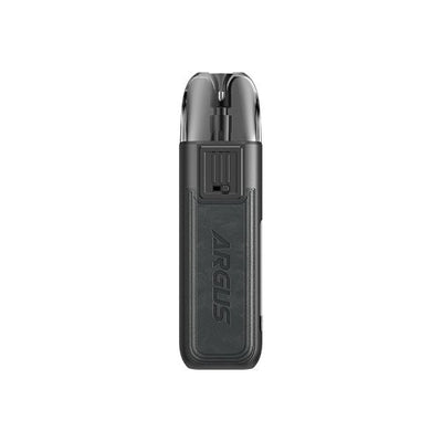Voopoo Argus Pod compact black vaping device with ergonomic mouthpiece and leather finish