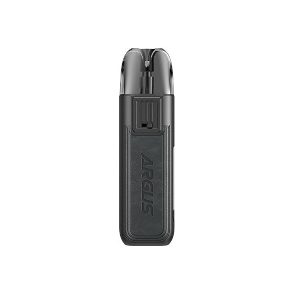Voopoo Argus Pod compact black vaping device with ergonomic mouthpiece and leather finish