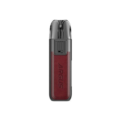 Voopoo Argus Pod 20W Kit compact vape device with zinc alloy and leather body, ergonomic mouthpiece, OLED screen, adjustable airflow, and Type-C charging port.