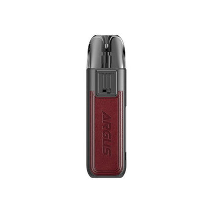 Voopoo Argus Pod 20W Kit compact vape device with zinc alloy and leather body, ergonomic mouthpiece, OLED screen, adjustable airflow, and Type-C charging port.