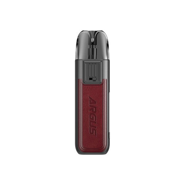 Voopoo Argus Pod 20W Kit compact vape device with zinc alloy and leather body, ergonomic mouthpiece, OLED screen, adjustable airflow, and Type-C charging port.