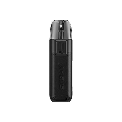 Voopoo Argus Pod 20W compact vaping device with zinc alloy and leather body, ergonomic mouthpiece, 0.69 inch OLED screen, and Type-C charging port.