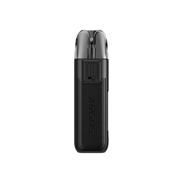 Voopoo Argus Pod 20W compact vaping device with zinc alloy and leather body, ergonomic mouthpiece, 0.69 inch OLED screen, and Type-C charging port.