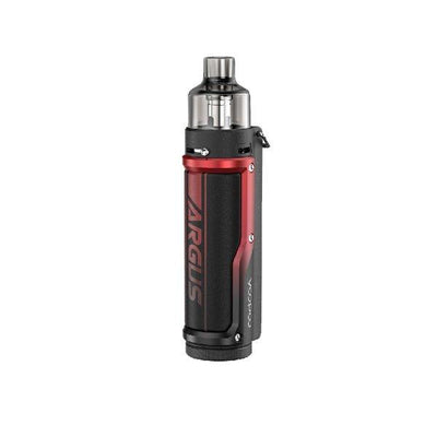 Voopoo Argus Pro pod kit with ergonomic design, metal and leather body, 80W output, built-in 3000mAh battery, and 0.96-inch color screen in black and red.