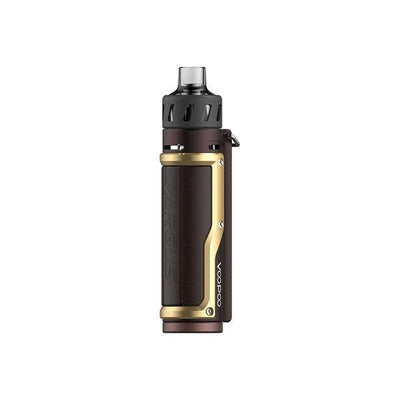 Voopoo Argus Pro pod kit with ergonomic metal and leather design, 80W output, built-in 3000mAh battery, and 0.96-inch color screen.