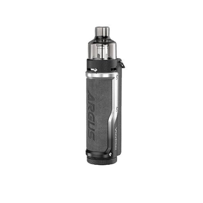 Voopoo Argus Pro pod kit with ergonomic metal and leather design, built-in 3000mAh battery, 0.96-inch color screen, and 80W output.