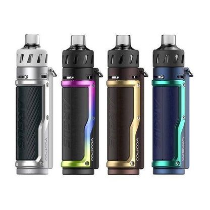 Voopoo Argus Pro pod kit vape devices in silver, rainbow, brown gold, and blue green with ergonomic metal and leather design.
