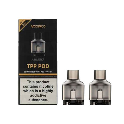 Voopoo TPP Replacement Pods 2ml pack of 2 without coil in gunmetal color with nicotine warning label