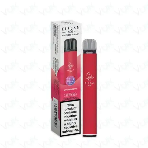 Elfbar 600 prefilled pod kit in watermelon flavor with 20mg nicotine salt e-liquid and 500mAh battery for MTL vaping