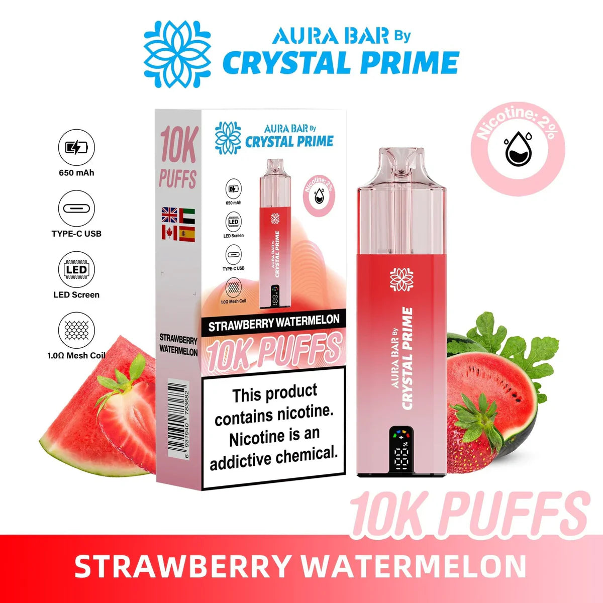 Crystal Prime 10000 Puffs Strawberry Watermelon reusable vape with 650mAh battery and LED screen in a box of 5