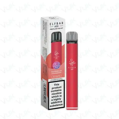 Elfbar 600 Prefilled Pod Kit with 500mAh battery, 2ml 20mg nicotine salt pod, USB-C charging, reusable design, and watermelon strawberry flavor, pack of 5